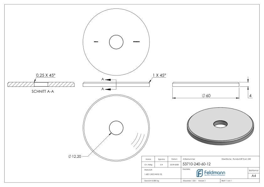 Ronde, Ø 60x4mm, mit Bohrung 12,2mm, V2A