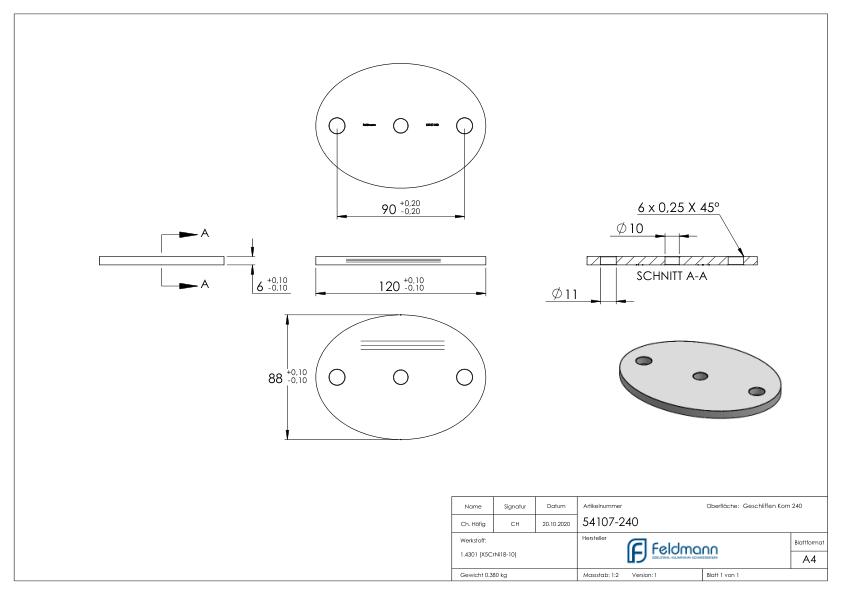 Ankerplatte Ø 120x88x6mm, mit Längsschliff, V2A