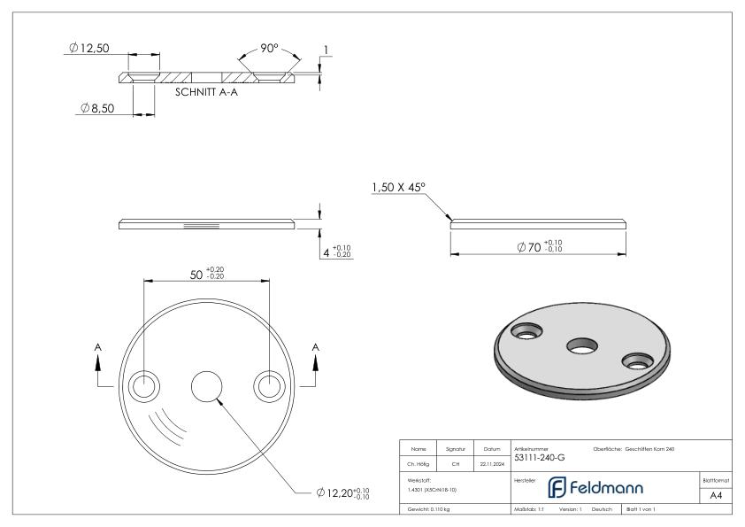 Ronde, Ø 70x4mm, mit Rundschliff, V2A