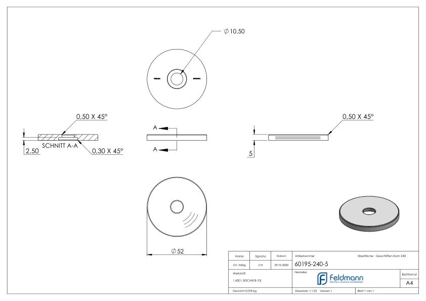 Unterteil Ø 52 mm, mit Durchgangsbohrung , t: 5mm, V2A
