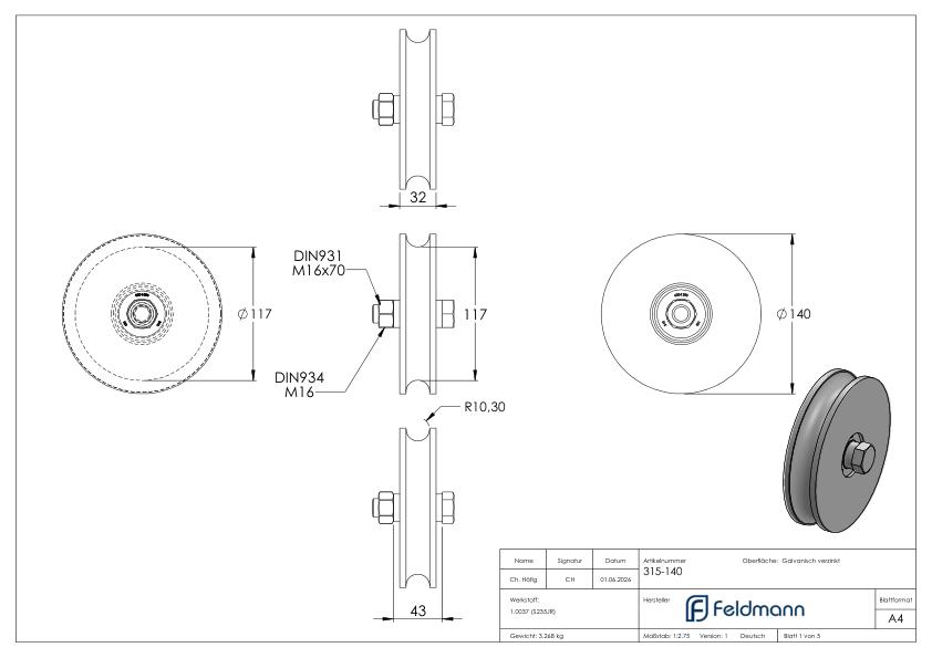 Schiebetorrolle mit Rundrille, Ø 140mm, für Schiene Ø 20mm, 2 Kugellager, verzinkt