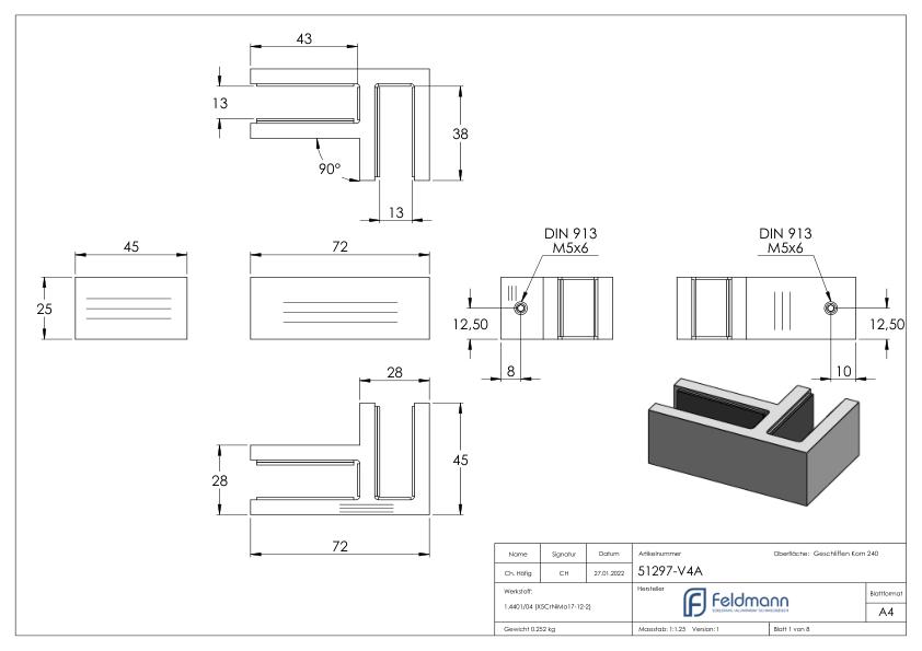 Glasverbinder 90°, für Glas 12 - 12,76mm, V4A