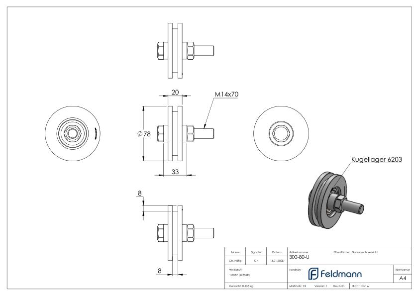 Schiebetorrolle 78mm mit U-Rille 8x8mm