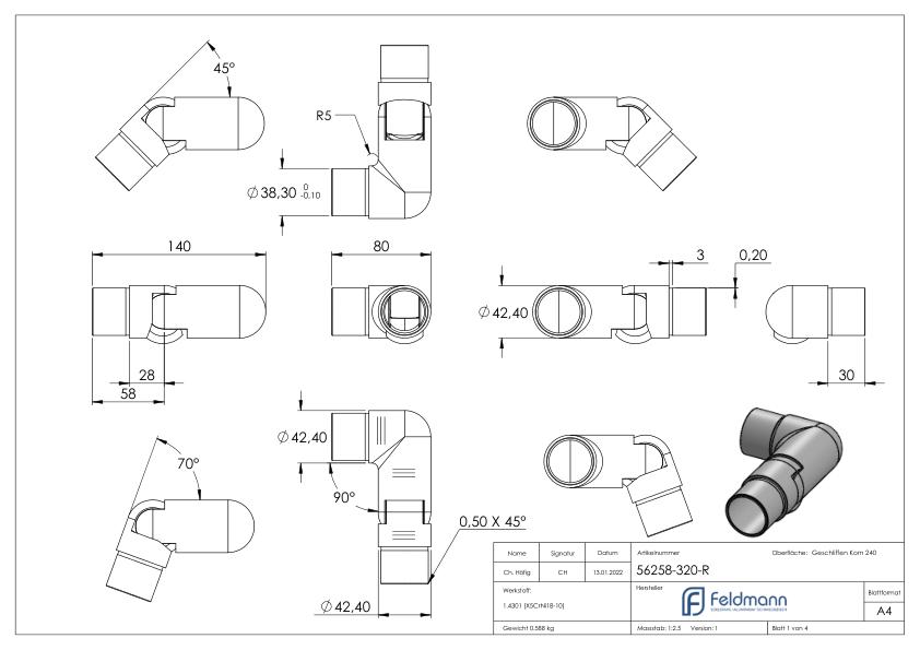 Gelenkstück rechts, für Rohr 42,4x2,0mm, V2A