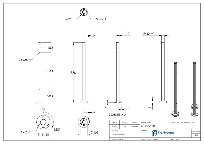 Edelstahlpfosten V2A zur Bodenmontage, H: 880mm