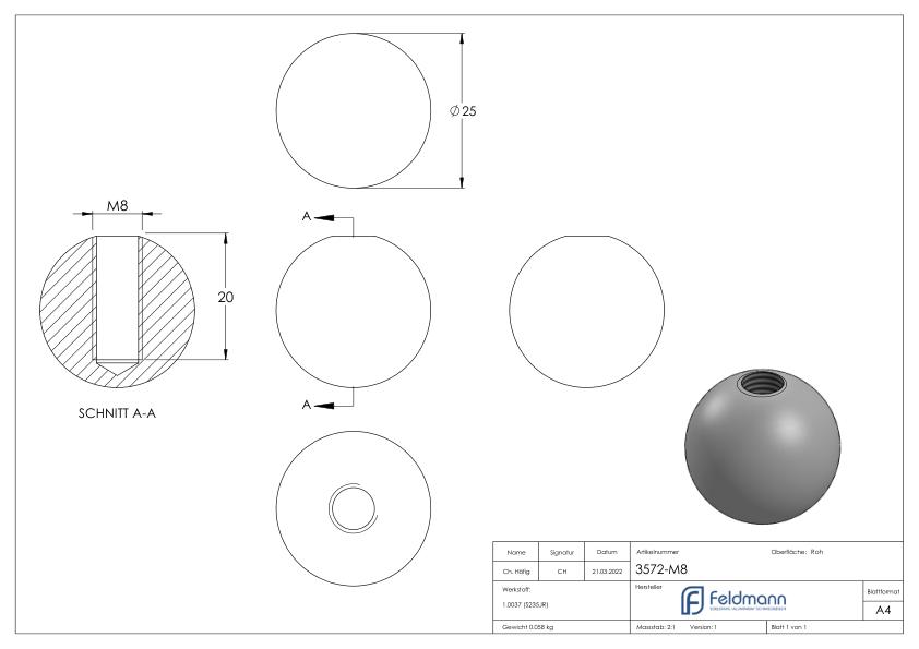 Massivkugel 25mm, mit Innengewinde M8