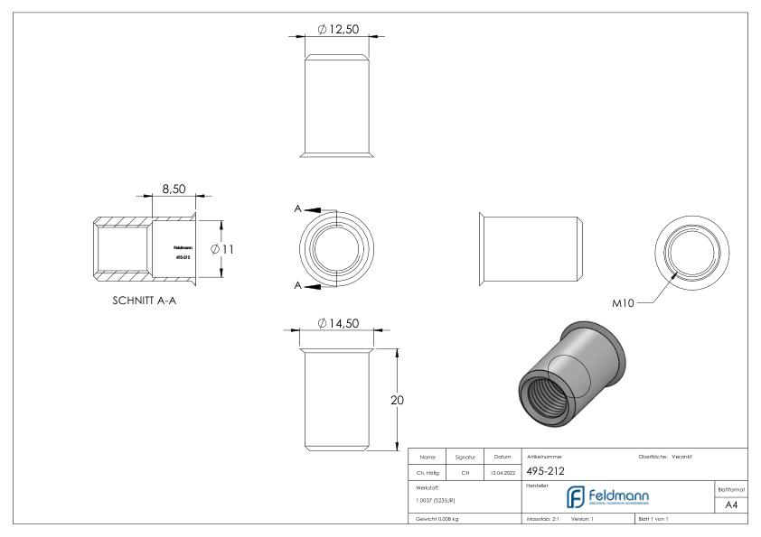 Blind-Einnietmutter, Stahl, M10/Loch 12mm, verzinkt Blind-Einnietmutter, Stahl, M10/Loch 12mm, verzinkt