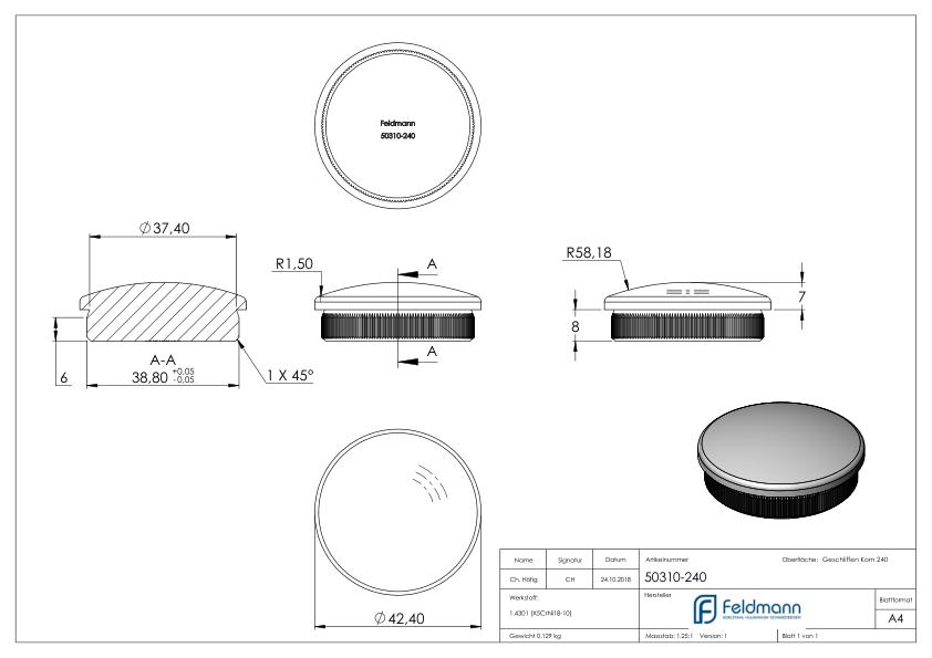 Rohrabschlussstopfen, für Rohr 42,4x2,0mm, V2A