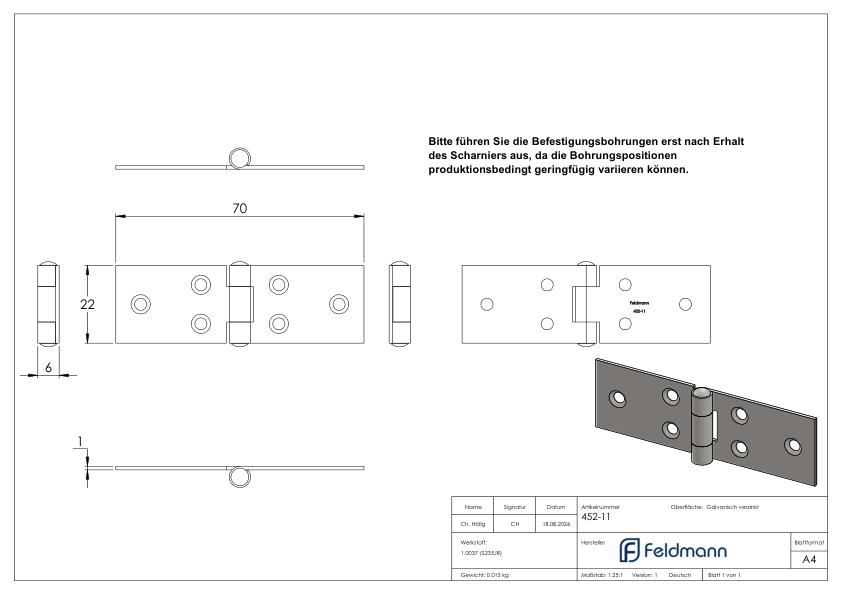 Scharnier 22x70mm mit festem Zapfen