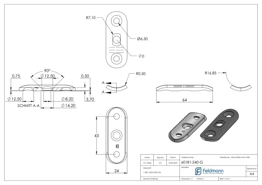 Handlaufanschlussplatte, 33,7mm, Bohrungen gesenkt, V2A