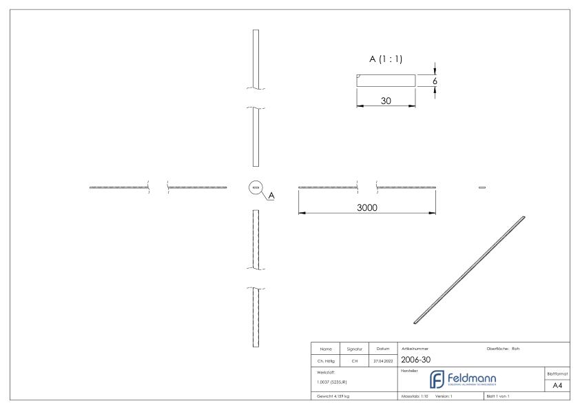 Flacheisen S235JR, 30x6mm, L: 3000mm