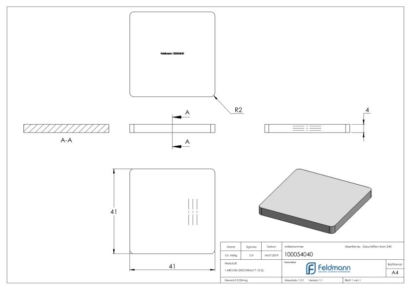 Flachkappe für Quadratrohr 40x40, V4A