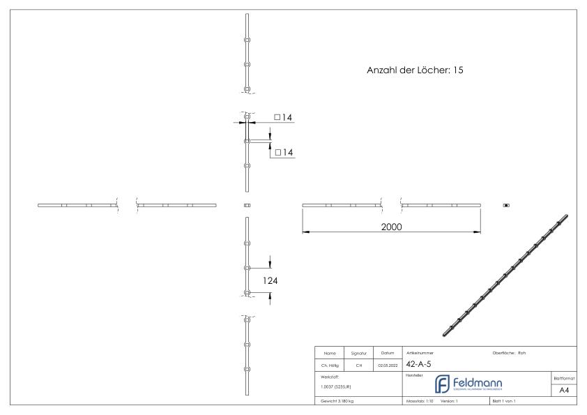 Lochleiste S235JR, 14x14mm, Lochabstand 124mm, 2000mm