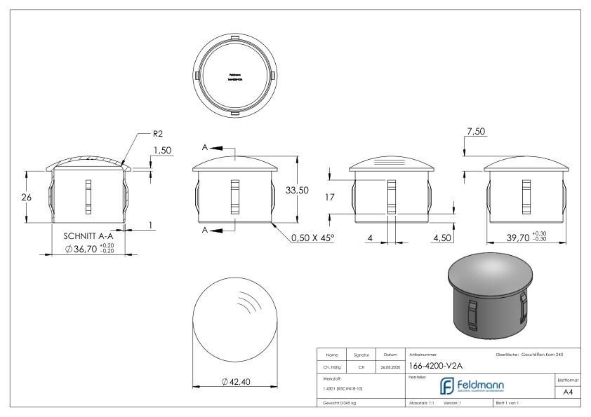 Rohrabschlussstopfen, für Rohr 42,4x2,0 - 2,5mm, V2A