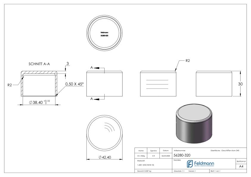 Endkappe für Stecksystem, für 42,4x2,0mm, V2A