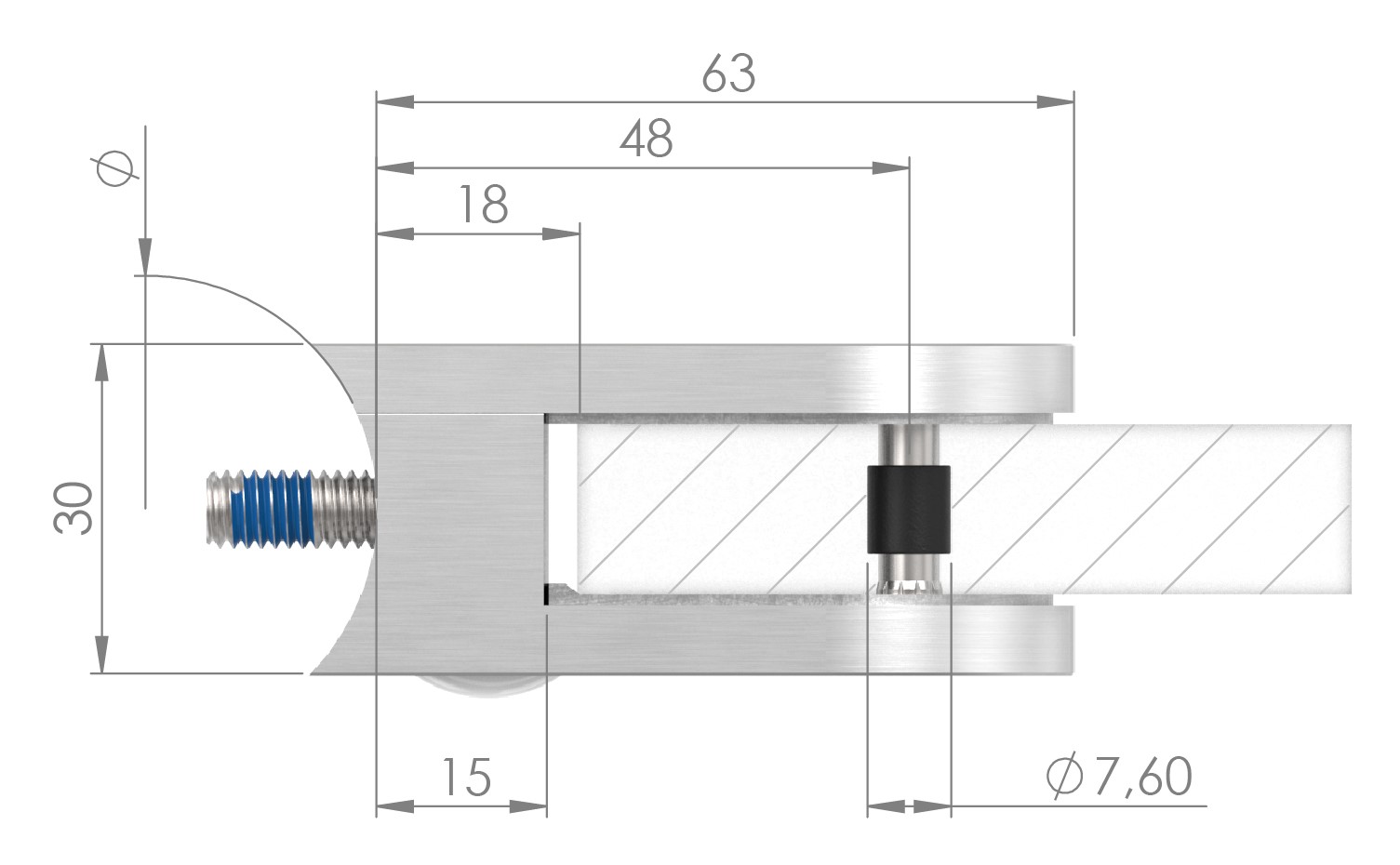 Glasklemme Mod. 33, Anschluss: 42,4mm, VA-Effekt