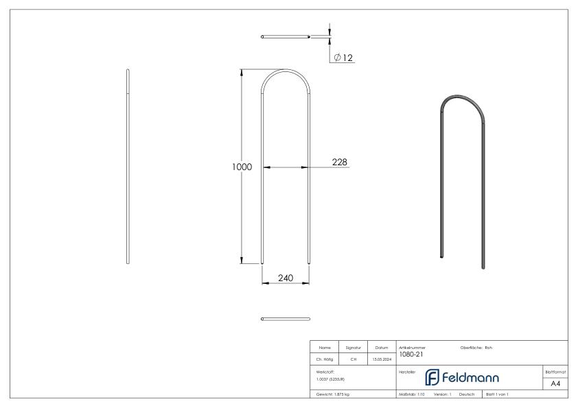 U-Bügel Ø 12mm, H: 1000mm, Mitte-Mitte 240mm