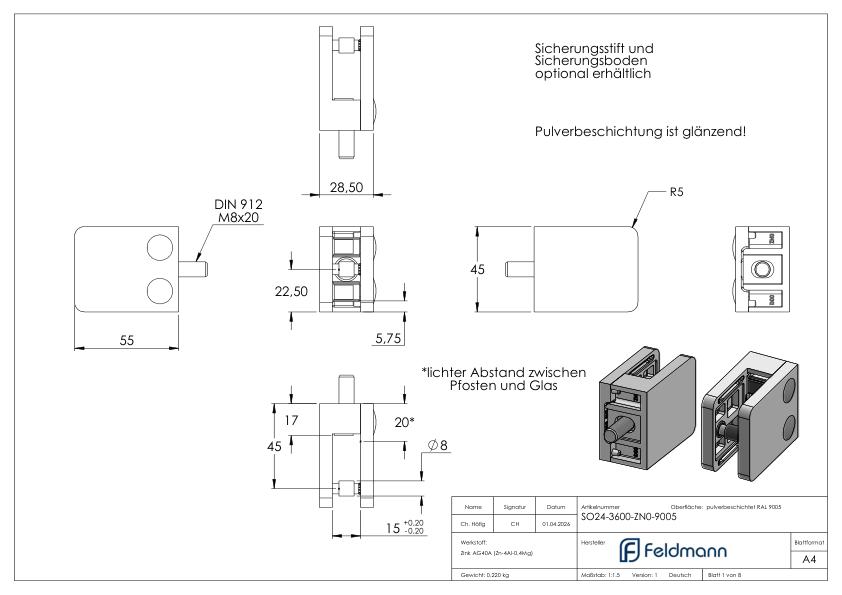 Glasklemme Mod. 36, Anschluss: gerade, Zink roh pulverbeschichtet RAL 9005 schwarz glänzend