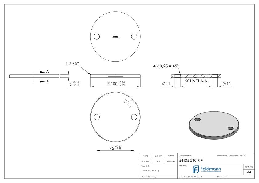 Ankerplatte Ø 100x6mm, mit Rundschliff und Fase, V2A