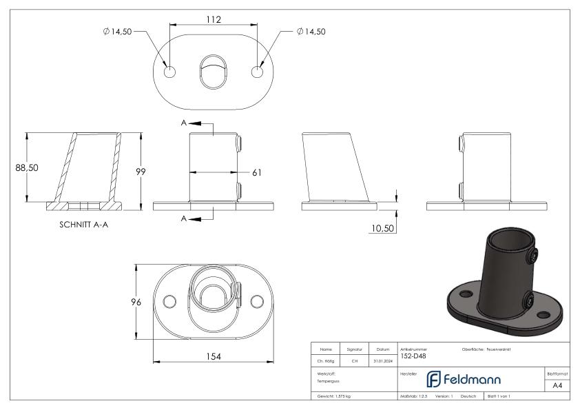 Fußplatte variabel mit 2 Bohrungen, für Rohr Ø 48,3mm