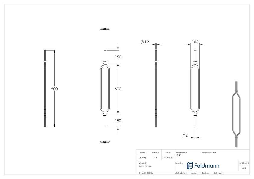 Designstab Ø 12mm, H: 900mm