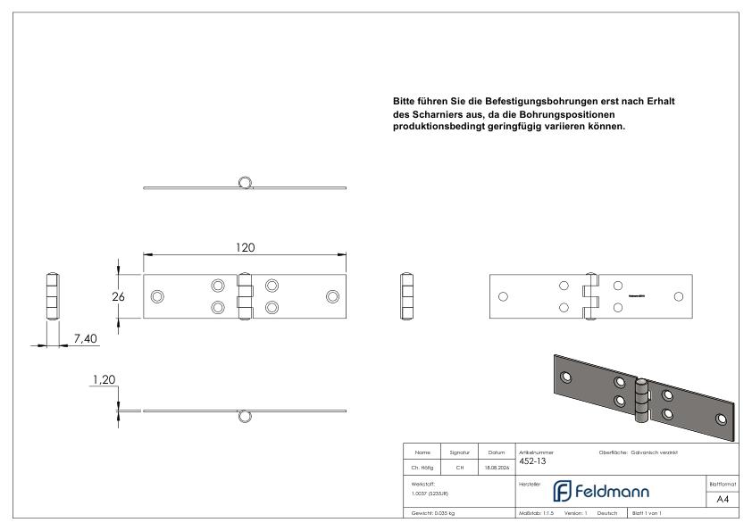 Scharnier 26x120mm mit festem Zapfen