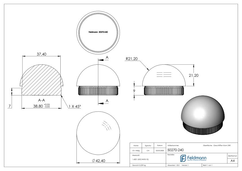 Rohrabschlussstopfen, für Rohr 42,4x2,0mm, V2A