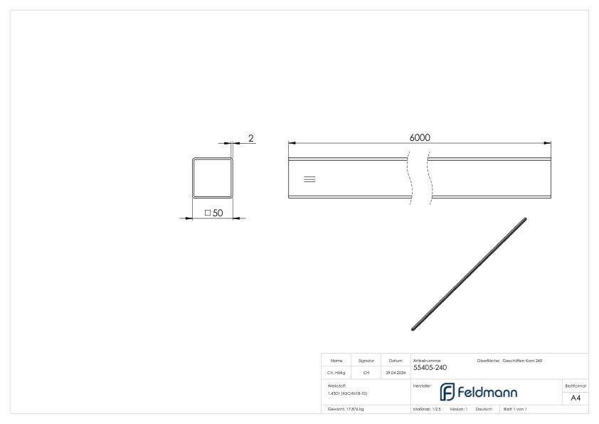 Quadratrohr, 50x50x2,0mm, L: 6000mm, V2A