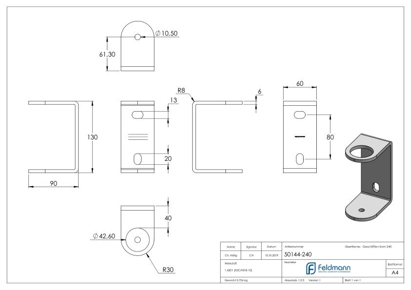 Wandbefestigung für Geländerpfosten 42,4mm, V2A