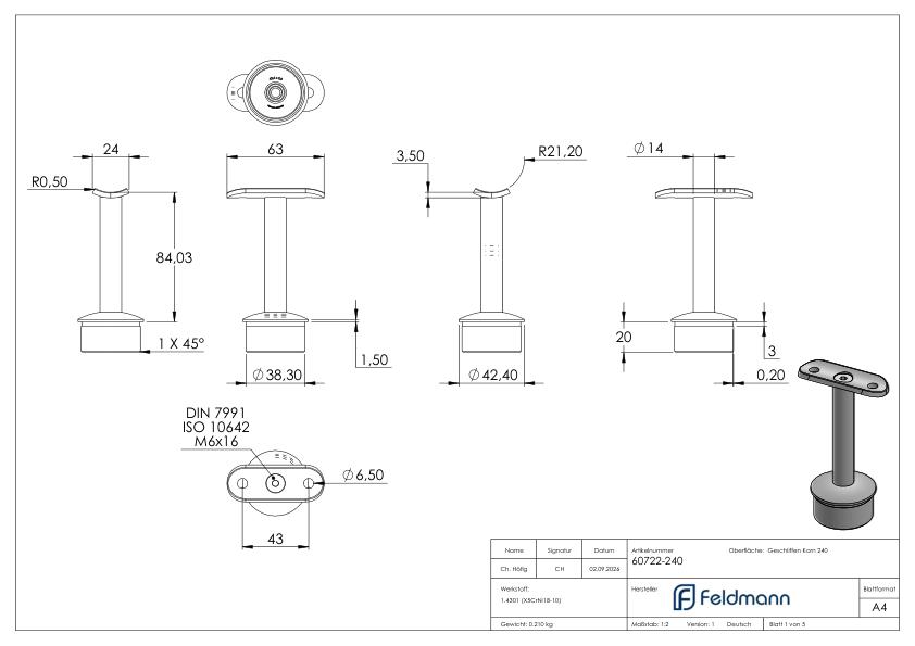 Rohrabschlussstopfen für Rohr 42,4x2,0mm, Handlaufanschlussplatte: 42,4mm, V2A