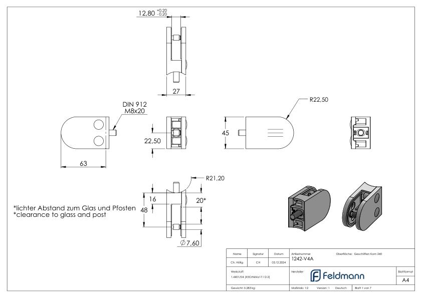 Glasklemme Mod. 12, Anschluss: 42,4mm, V4A Glasklemme Mod. 12, Anschluss: 42,4mm, V4A