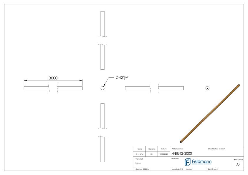 Holzhandlauf Buche, Ø42mm, L: 3000mm Holzhandlauf Buche, Ø42mm, L: 3000mm
