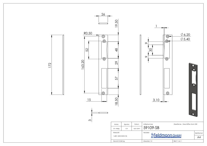 Edelstahlschließblech 172x26x3,0mm, für Abstand 72mm, V2A