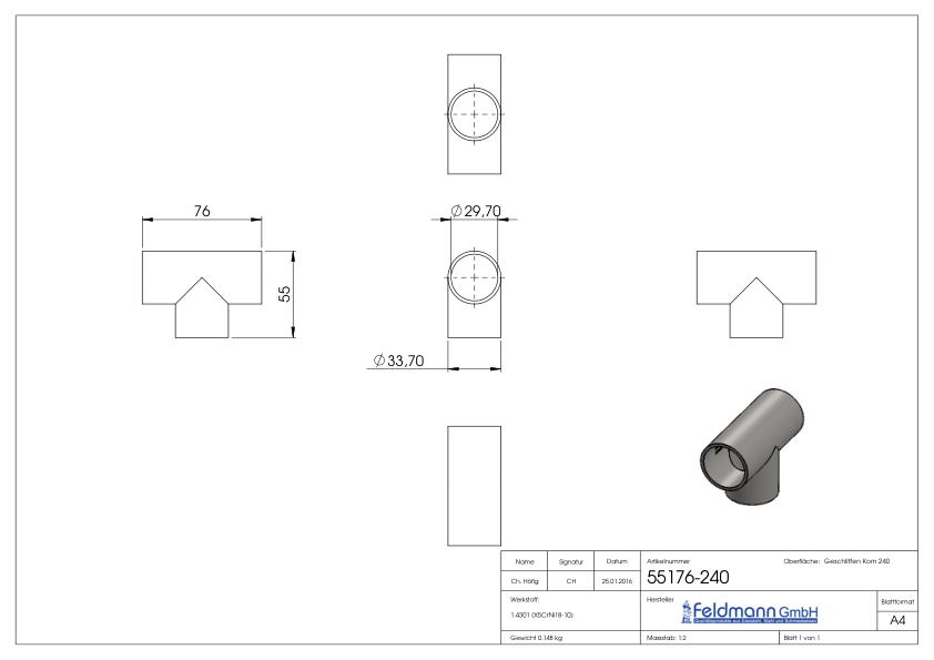 T-Stück, 33,7x2,0mm, V2A