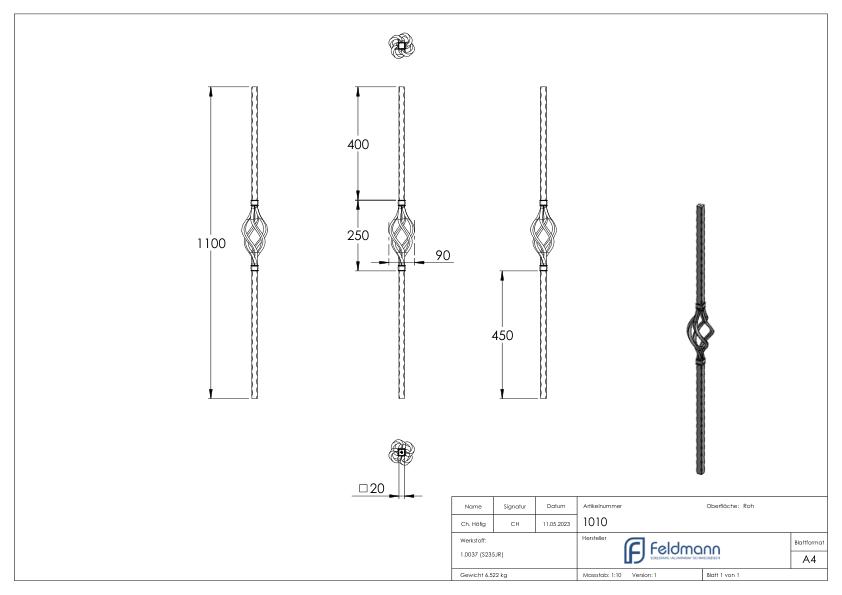 Anfangsstab 20x20mm, H: 1100mm