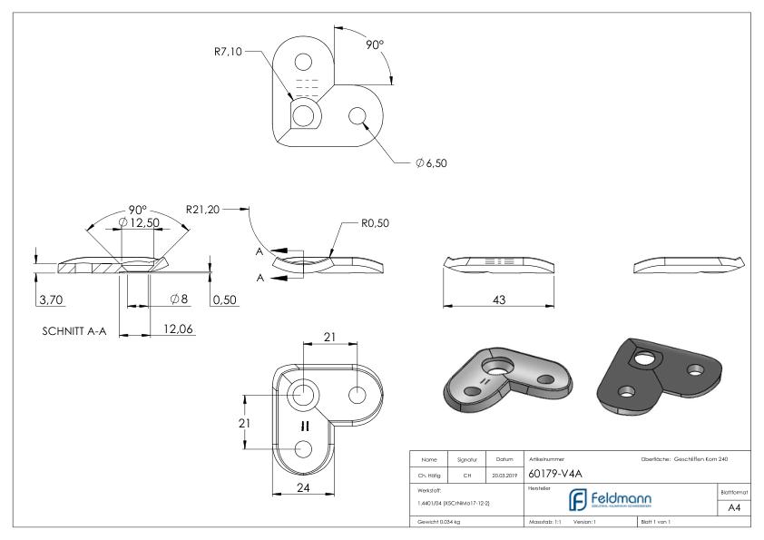 Handlaufanschlussplatte 90°, 42,4mm, V4A
