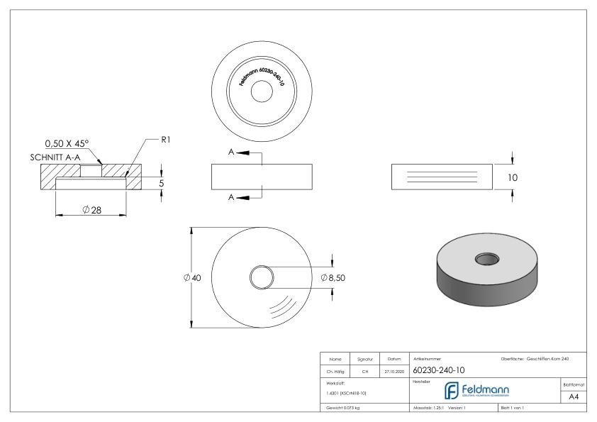 Unterteil Ø 40mm, mit Durchgangsbohrung , t: 10mm, V2A