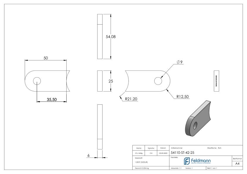Anschweißlasche 50x25x6mm mit Rundloch Ø 9mm, Anschluss 42,4mm