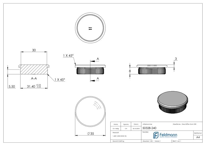 Rohrabschlussstopfen, für Rohr 35,0x2,0mm, V2A