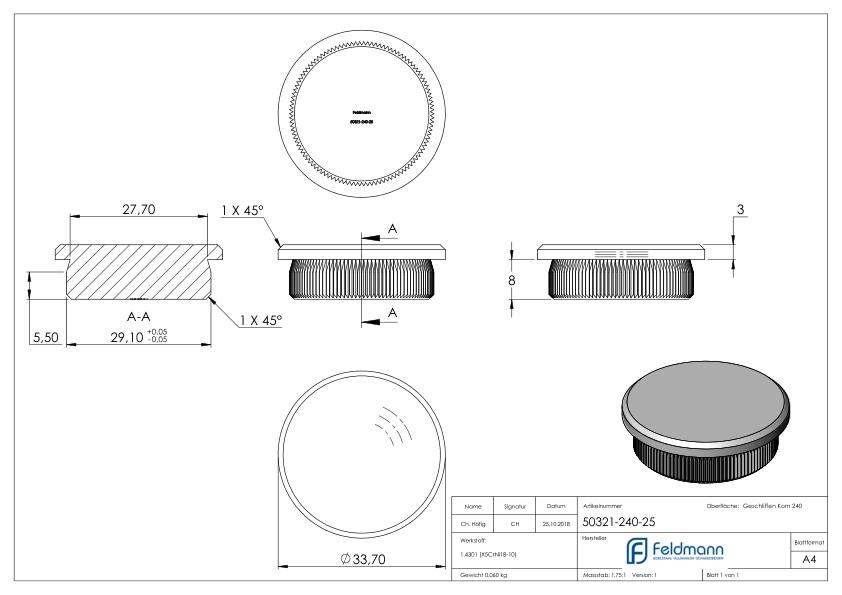Rohrabschlussstopfen, für Rohr 33,7x2,5mm, V2A