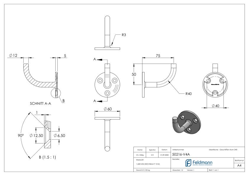 Handlaufhalter zum Anschweißen, (Ronde und Bügel verschweißt), V4A