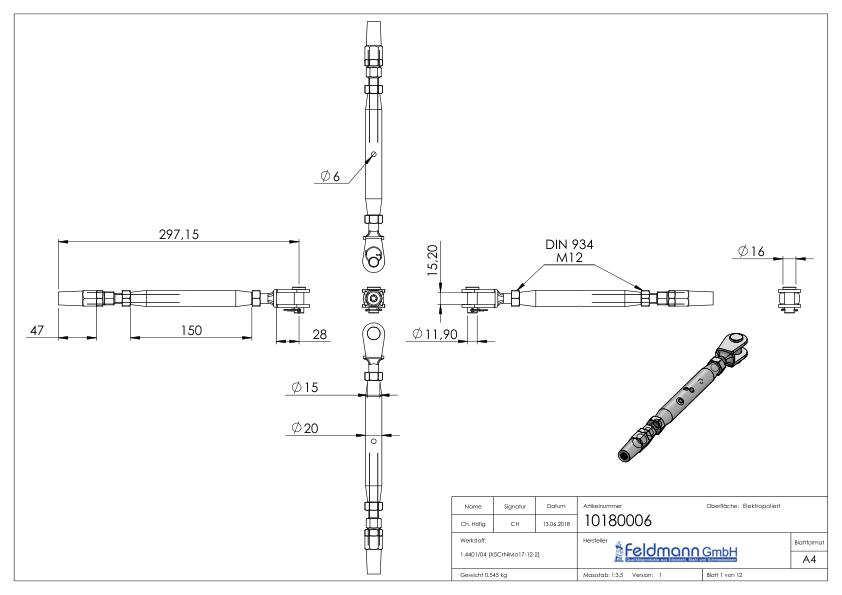Wantenspanner Gabel zur Selbstmont. Seil 6mm, V4A