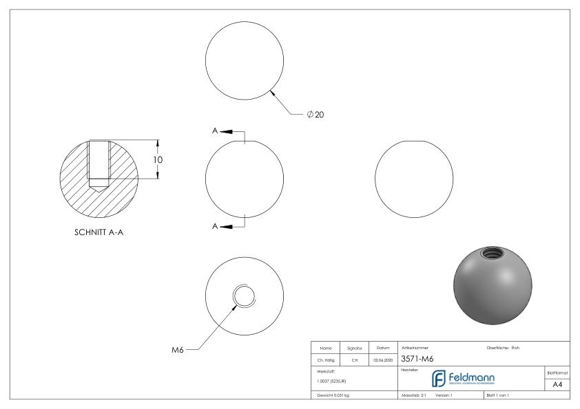 Massivkugel 20mm, mit Innengewinde M6