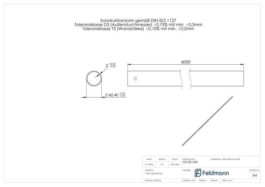 Edelstahlrohr, 42,4x2,0mm, L: 6000mm, V2A