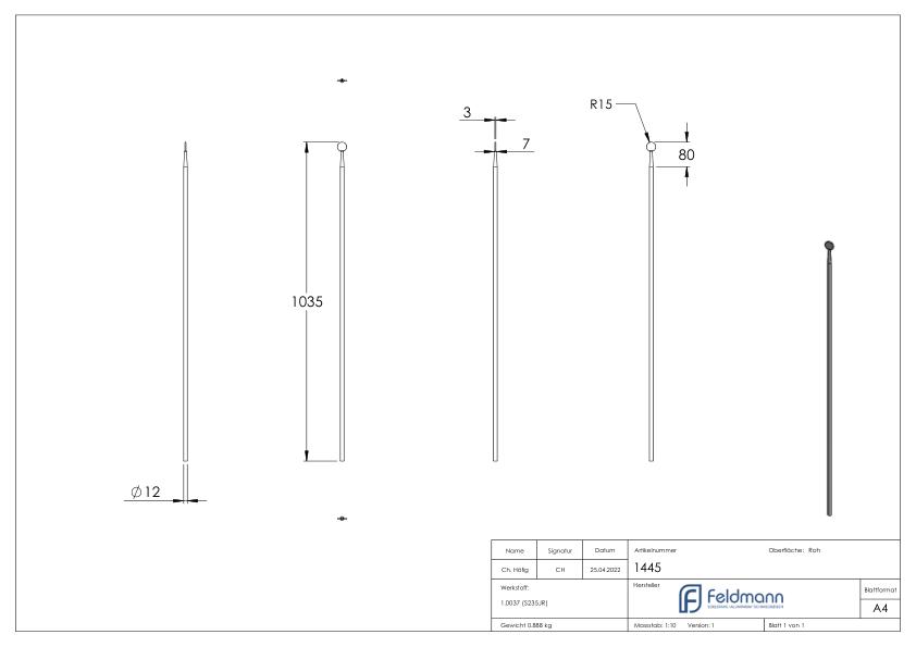 Zaunstab, H: 1035mm, konisch, ScheibenØ: 30mm