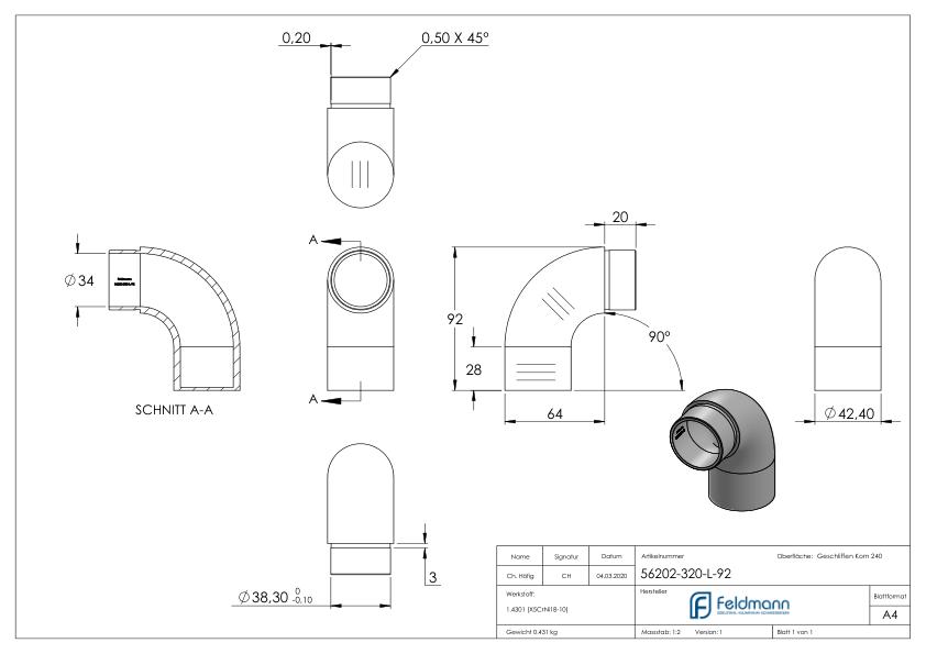 Endbogen 90° flach, für Rohr 42,4x2,0mm, V2A