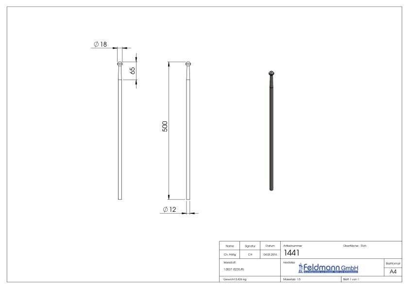 Zaunstab Ø 12mm, H: 500mm, konisch, Knopf eckig