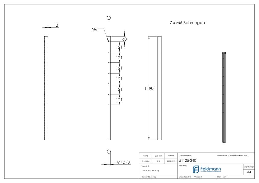 Edelstahlpfosten aus Rohr 42,4mmx2,0mm, V2A