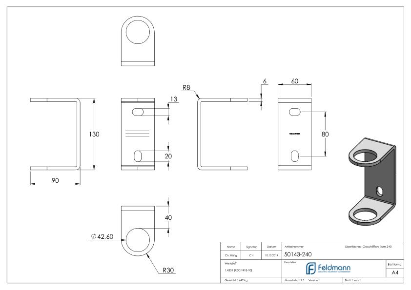 Wandbefestigung für Geländerpfosten 42,4mm, V2A