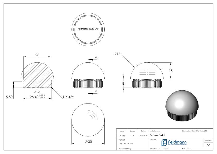 Rohrabschlussstopfen, für Rohr 30,0x2,0mm, V2A